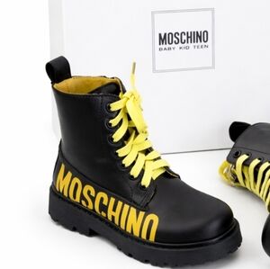 Moschino Kids Girls NIB New Bold Black and Yellow Lace Up Combat Boots sz 28